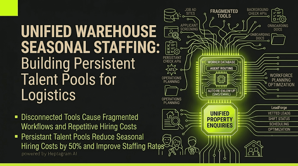 Busy warehouse with conveyor belts and workers, overlaid with a workforce availability dashboard showing real-time staffing levels