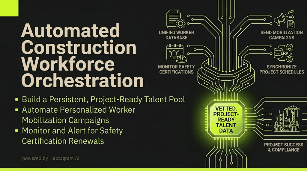 Construction site with safety helmets and blueprints, overlaid with a talent pool interface showing vetted workers ready for deployment