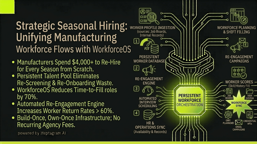 Factory floor with workers and robotic arms, overlaid with a digital talent pool dashboard showing available shift workers