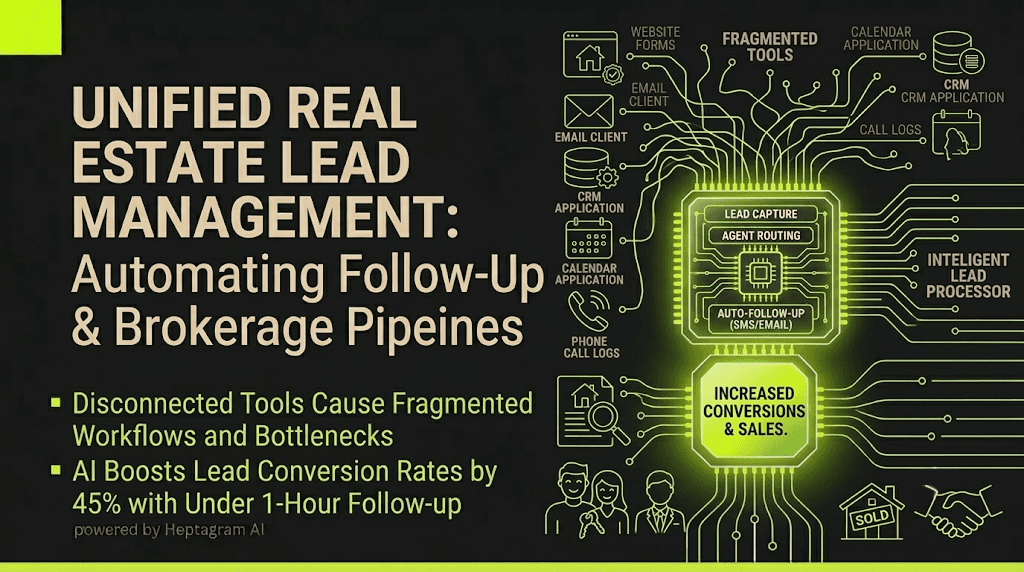 Real estate agent using a CRM dashboard showing automated lead follow-up sequences and conversion rates